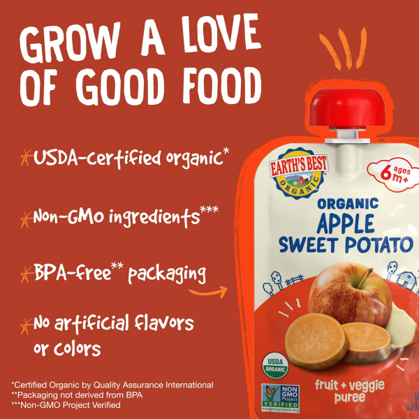 (4 pack) Earth's Best Organic Stage 2 Baby Food, Apple Sweet Potato Puree, 3.5 oz Pouch - Image 5