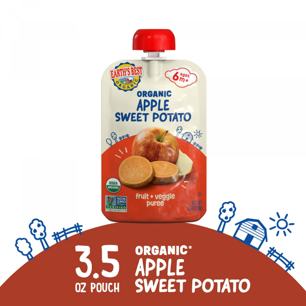 (4 pack) Earth's Best Organic Stage 2 Baby Food, Apple Sweet Potato Puree, 3.5 oz Pouch - Image 2
