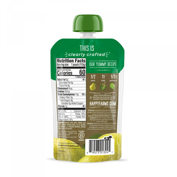 (3 pack) Happy Baby Organics Clearly Crafted, Stage 2 Pears Kale & Spinach Organic Baby Food, 4oz Pouch - Image 6
